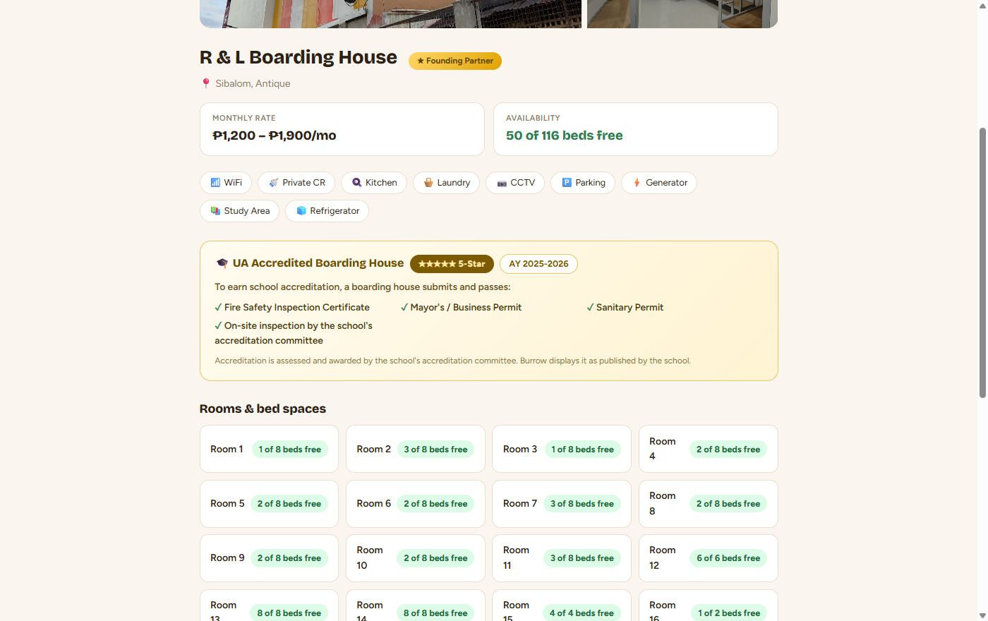 A Burrow listing page showing the University of Antique accreditation panel with a 5-star tier, school year, the four accreditation requirements, and a note that accreditation is awarded by the school's committee.