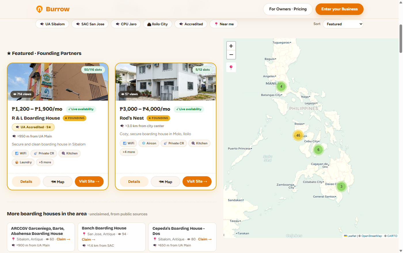 The Burrow public map: featured boarding houses with live rates, slot availability, accreditation badges, and a clustered map of listings across the Philippines.